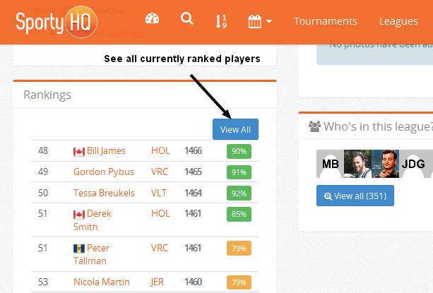 View of doubles rankings on Vancouver Doubles League page