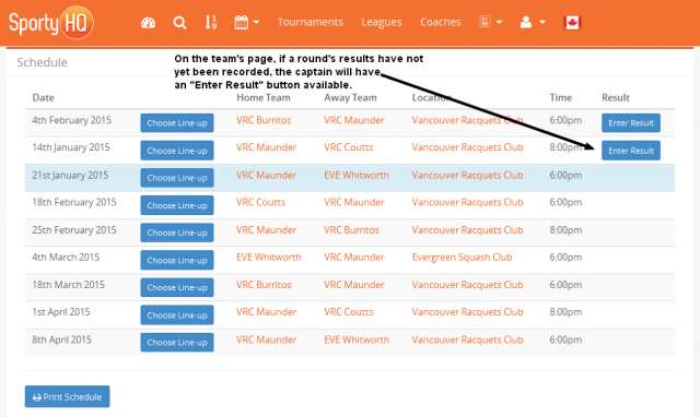 Button for entering match results on schedule shown on specific team’s page