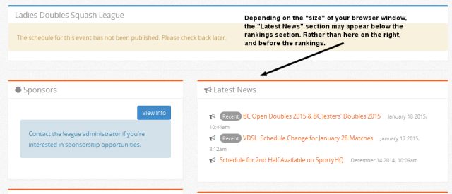 View of latest news section on Vancouver Doubles League page