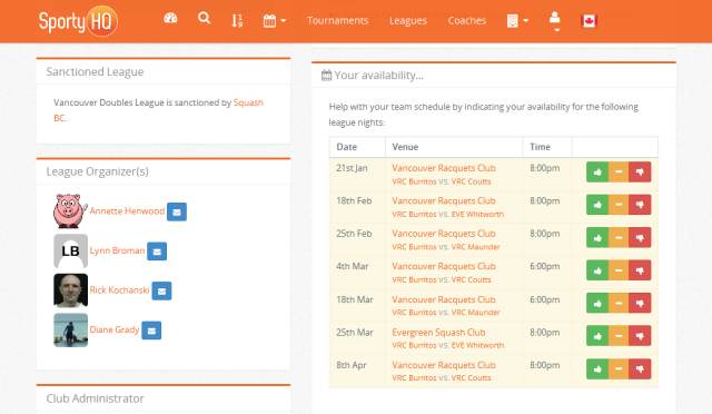 View of player availability section on Vancouver Doubles League page