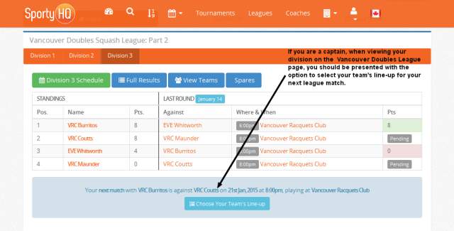 View of team selection option available to captains on Vancouver Doubles League page