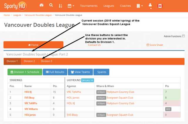 Select your division using the tab bar just under the league title
